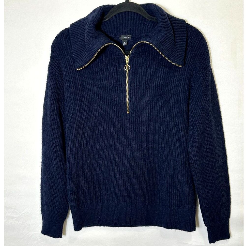 Talbots Women's Navy Blue Ribbed Knit 1/2 Gold Zip Up Sweater Wide Collar Size M